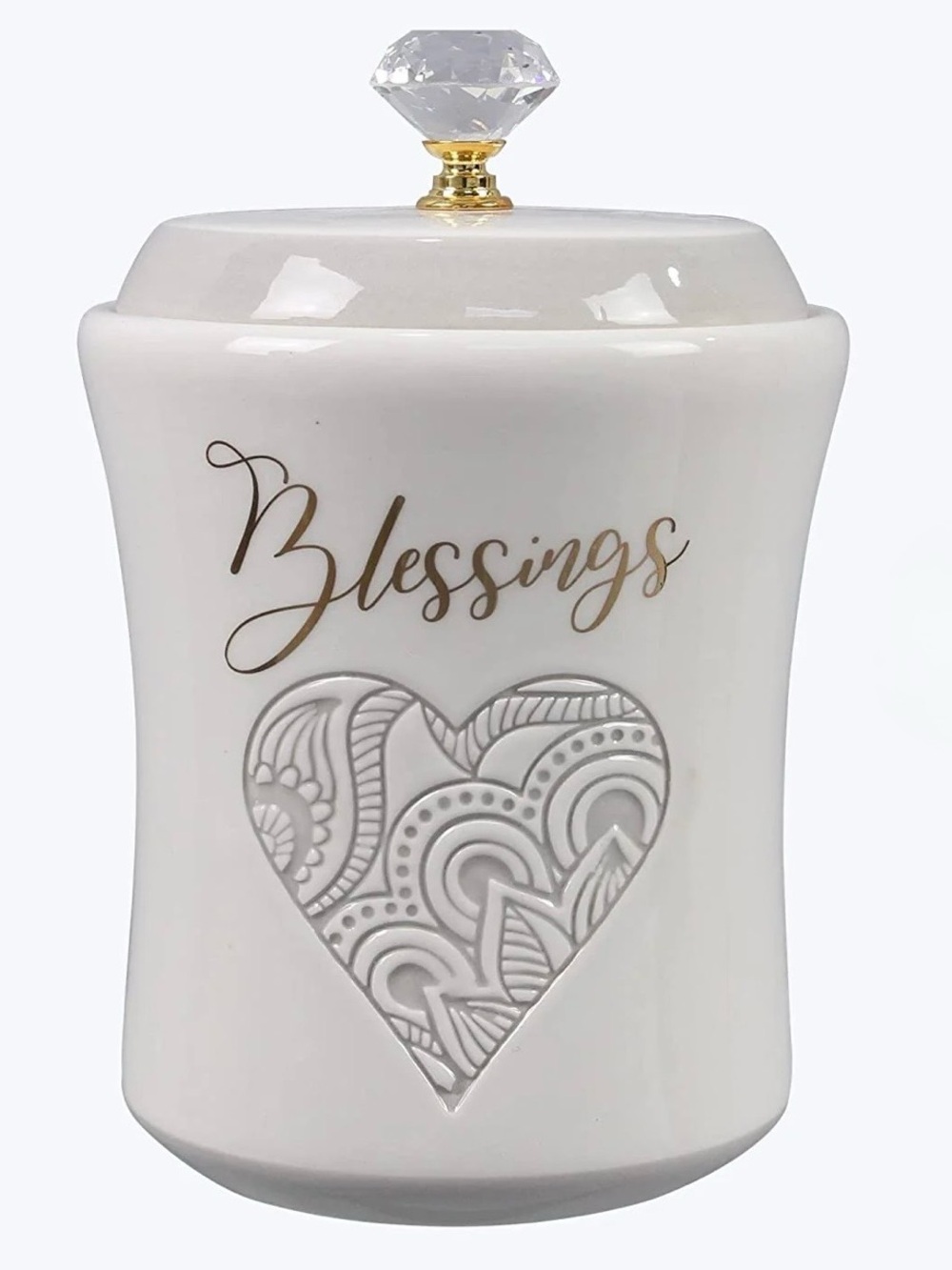 Young’s Inc White Wedding Blessing Jar with Crystal Knob and Embossed Heart